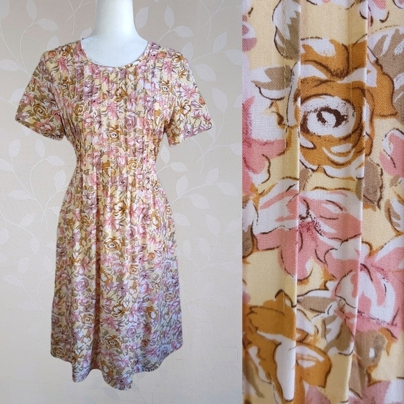 Vintage 90s Romantic Floral Pleat Front Knee Length Dress Bentley Yellow Pink 6 - Picture 1 of 16